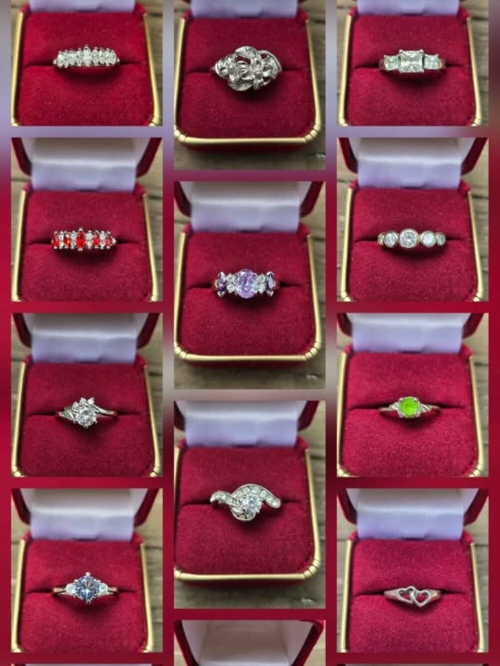 Silver Tone Ring Lot Colorful Stones Green, Purple, Red, Marquise, Oval, Round